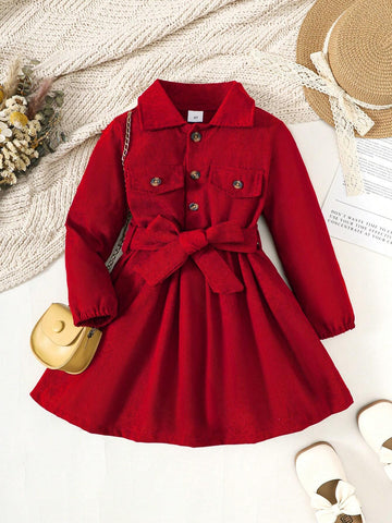 Girls Plain Single-Breasted Collared Shirt Dress, Fashion Formal Outfit Suitable For Spring, Summer, Autumn And Winter