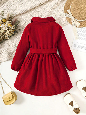 Girls Plain Single-Breasted Collared Shirt Dress, Fashion Formal Outfit Suitable For Spring, Summer, Autumn And Winter