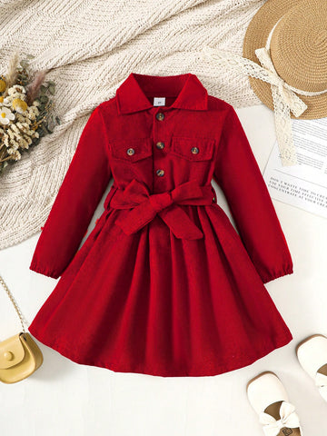 Girls Plain Single-Breasted Collared Shirt Dress, Fashion Formal Outfit Suitable For Spring, Summer, Autumn And Winter