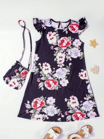 Girls" Pleated Round Neck Sleeveless Dress + Backpack, Children Flower Summer Outdoor Clothing