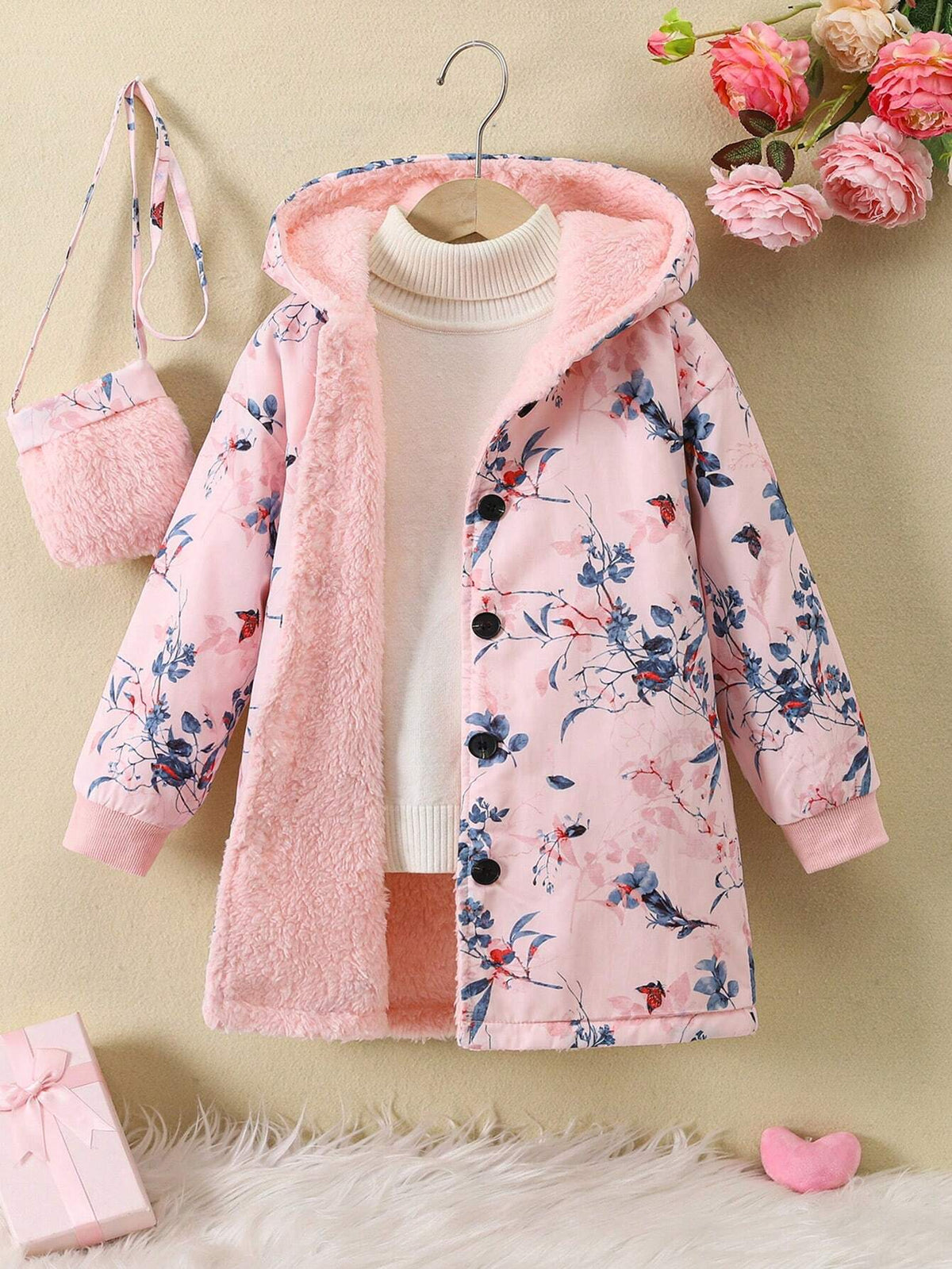Girls Plus Size Digital Print Warm Plush Lining Hooded Long Jacket, Fashion Crossbody Bag, Suitable For Autumn/Winter