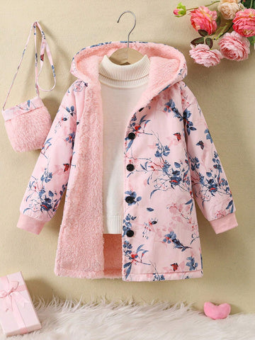 Girls Plus Size Digital Print Warm Plush Lining Hooded Long Jacket, Fashion Crossbody Bag, Suitable For Autumn/Winter