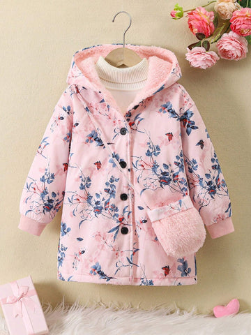 Girls Plus Size Digital Print Warm Plush Lining Hooded Long Jacket, Fashion Crossbody Bag, Suitable For Autumn/Winter