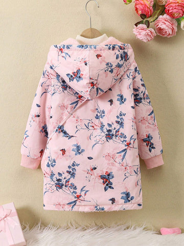 Girls Plus Size Digital Print Warm Plush Lining Hooded Long Jacket, Fashion Crossbody Bag, Suitable For Autumn/Winter