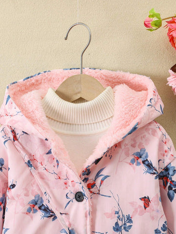 Girls Plus Size Digital Print Warm Plush Lining Hooded Long Jacket, Fashion Crossbody Bag, Suitable For Autumn/Winter