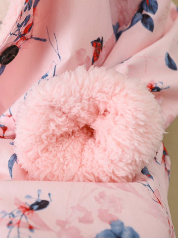Girls Plus Size Digital Print Warm Plush Lining Hooded Long Jacket, Fashion Crossbody Bag, Suitable For Autumn/Winter