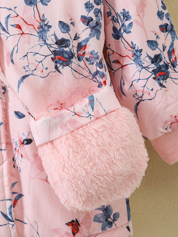 Girls Plus Size Digital Print Warm Plush Lining Hooded Long Jacket, Fashion Crossbody Bag, Suitable For Autumn/Winter