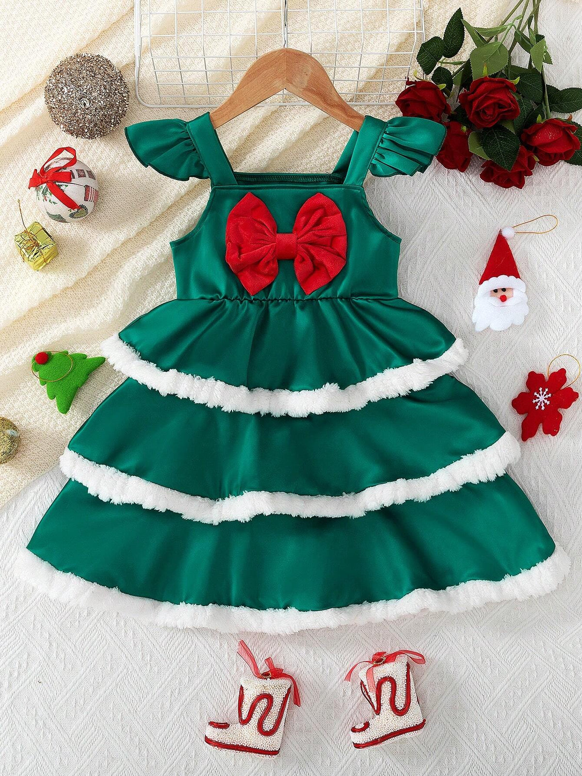 Girls Plush Colorblock Bow Decor A-Line Dress