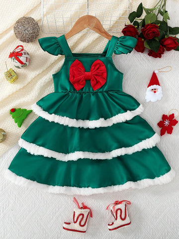 Girls Plush Colorblock Bow Decor A-Line Dress