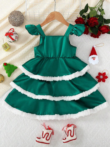 Girls Plush Colorblock Bow Decor A-Line Dress