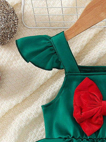 Girls Plush Colorblock Bow Decor A-Line Dress