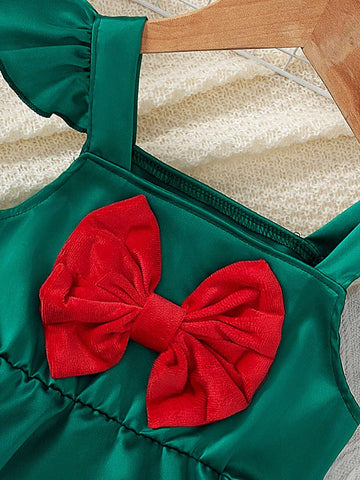 Girls Plush Colorblock Bow Decor A-Line Dress