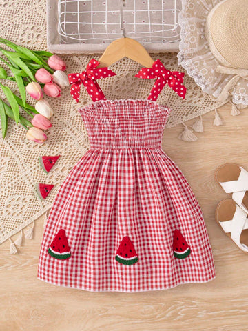 Girls' Polka Dot Bowknot Fun Watermelon-Checkered Cami Dress