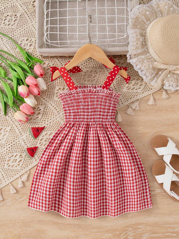 Girls' Polka Dot Bowknot Fun Watermelon-Checkered Cami Dress