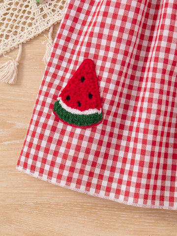 Girls' Polka Dot Bowknot Fun Watermelon-Checkered Cami Dress