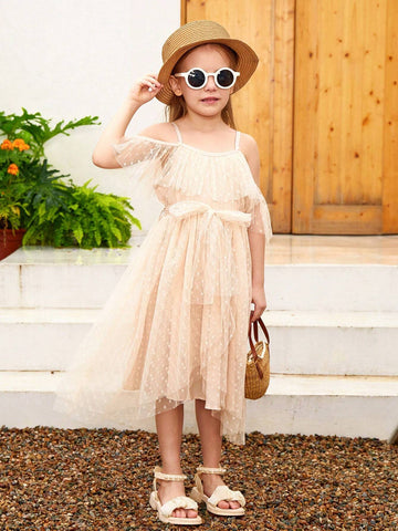 Girls' Polka Dot Mesh Open Shoulder Spaghetti Strap Party Dress With Elastic Waistband