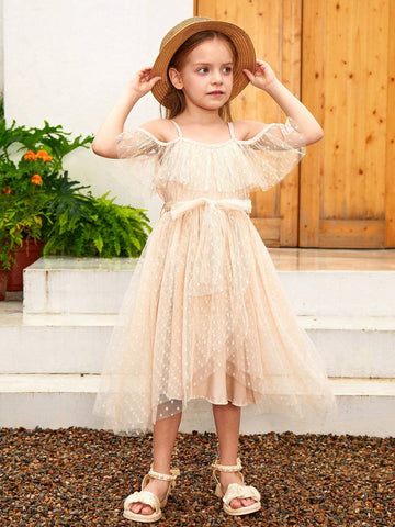 Girls' Polka Dot Mesh Open Shoulder Spaghetti Strap Party Dress With Elastic Waistband