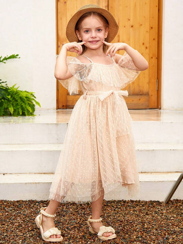 Girls' Polka Dot Mesh Open Shoulder Spaghetti Strap Party Dress With Elastic Waistband