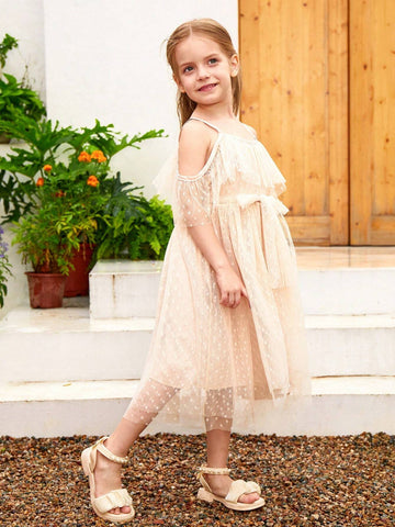 Girls' Polka Dot Mesh Open Shoulder Spaghetti Strap Party Dress With Elastic Waistband