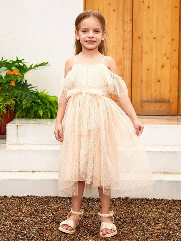 Girls' Polka Dot Mesh Open Shoulder Spaghetti Strap Party Dress With Elastic Waistband