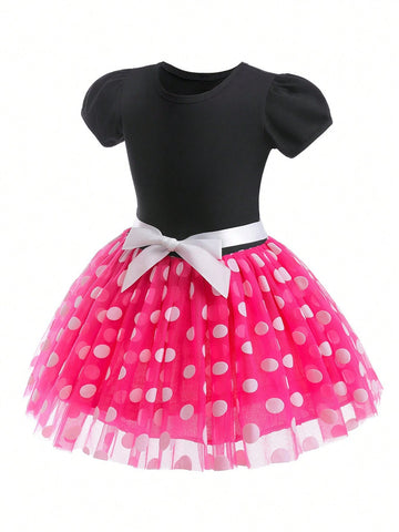 Girls Polka Dot Princess Dress, Cute Dotted Print Short Sleeve Fluffy Dress, Summer