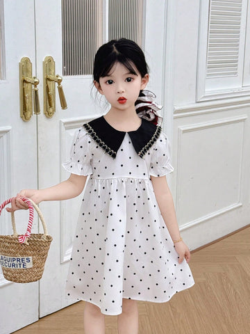 Girls Polka Dot Print Puff Sleeve Dress, Princess Dress Suitable For Summer Casual & Holiday, Children Dress (Black Collar Polka Dot Dress)
