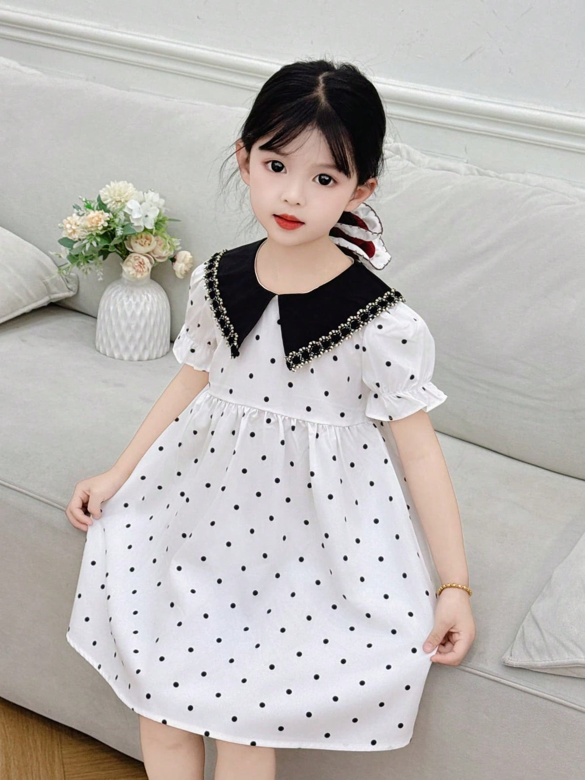 Girls Polka Dot Print Puff Sleeve Dress, Princess Dress Suitable For Summer Casual & Holiday, Children Dress (Black Collar Polka Dot Dress)