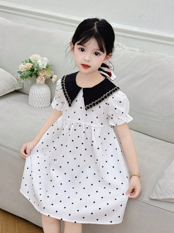 Girls Polka Dot Print Puff Sleeve Dress, Princess Dress Suitable For Summer Casual & Holiday, Children Dress (Black Collar Polka Dot Dress)