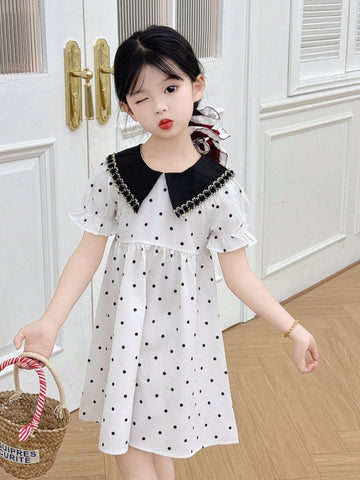 Girls Polka Dot Print Puff Sleeve Dress, Princess Dress Suitable For Summer Casual & Holiday, Children Dress (Black Collar Polka Dot Dress)