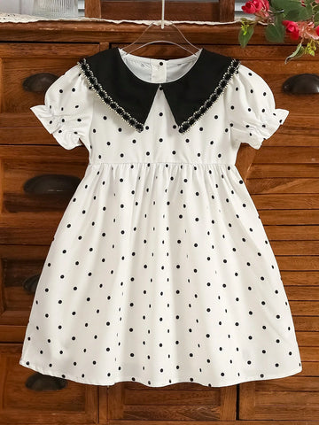 Girls Polka Dot Print Puff Sleeve Dress, Princess Dress Suitable For Summer Casual & Holiday, Children Dress (Black Collar Polka Dot Dress)