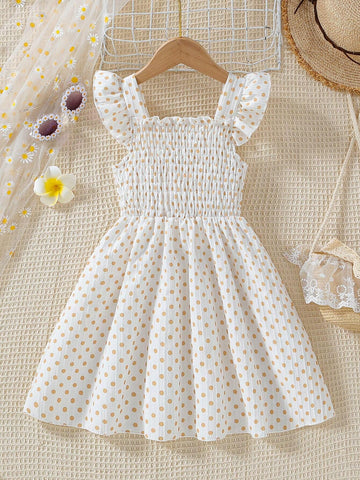 Girls' Polka Dot Printed Sleeved Top With Sweetheart Neckline And Princess Dress