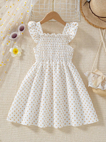 Girls' Polka Dot Printed Sleeved Top With Sweetheart Neckline And Princess Dress