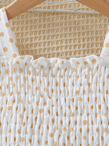 Girls' Polka Dot Printed Sleeved Top With Sweetheart Neckline And Princess Dress