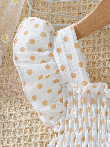 Girls' Polka Dot Printed Sleeved Top With Sweetheart Neckline And Princess Dress