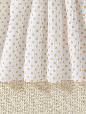 Girls' Polka Dot Printed Sleeved Top With Sweetheart Neckline And Princess Dress
