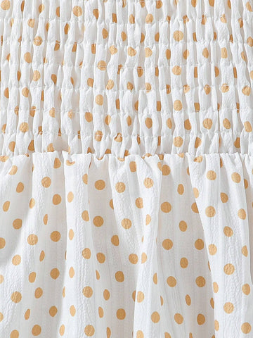 Girls' Polka Dot Printed Sleeved Top With Sweetheart Neckline And Princess Dress