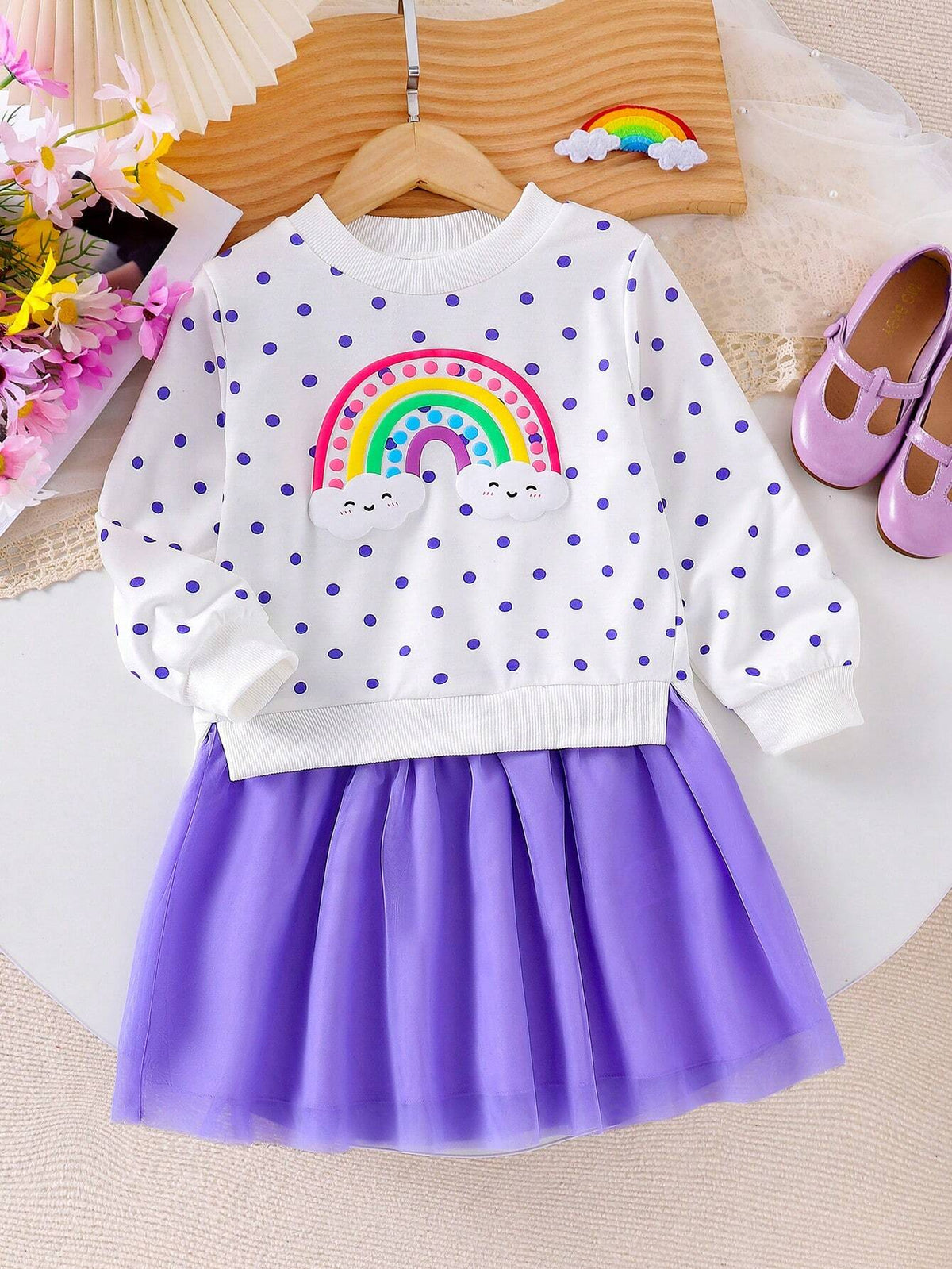 Girls Polka Dot Rainbow Cloud Splice Purple Mesh Casual Holiday Dress, Long Sleeve Round Neck Sweatshirt Dress, Suitable For Spring And Autumn