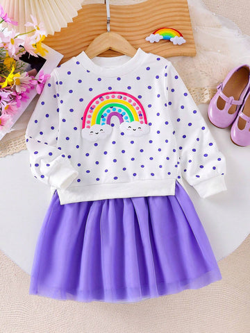 Girls Polka Dot Rainbow Cloud Splice Purple Mesh Casual Holiday Dress, Long Sleeve Round Neck Sweatshirt Dress, Suitable For Spring And Autumn