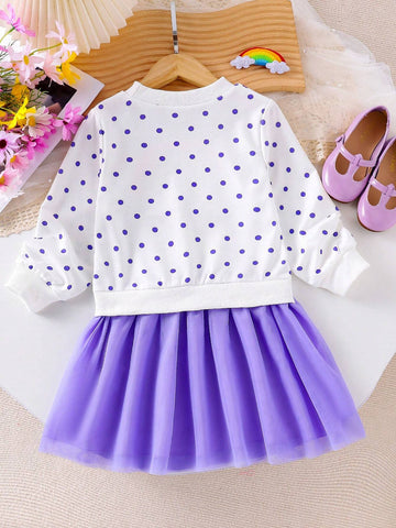 Girls Polka Dot Rainbow Cloud Splice Purple Mesh Casual Holiday Dress, Long Sleeve Round Neck Sweatshirt Dress, Suitable For Spring And Autumn