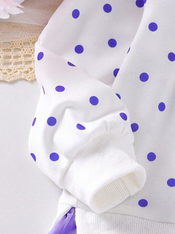 Girls Polka Dot Rainbow Cloud Splice Purple Mesh Casual Holiday Dress, Long Sleeve Round Neck Sweatshirt Dress, Suitable For Spring And Autumn