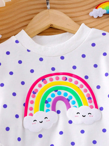 Girls Polka Dot Rainbow Cloud Splice Purple Mesh Casual Holiday Dress, Long Sleeve Round Neck Sweatshirt Dress, Suitable For Spring And Autumn