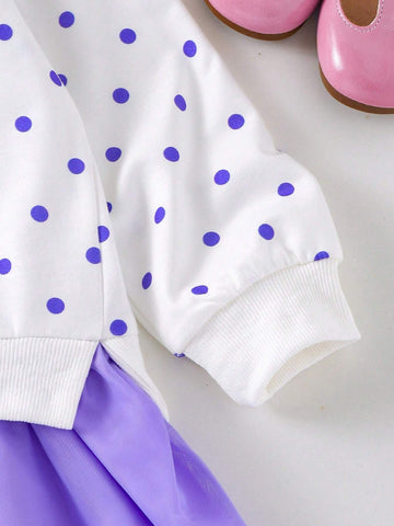Girls Polka Dot Rainbow Cloud Splice Purple Mesh Casual Holiday Dress, Long Sleeve Round Neck Sweatshirt Dress, Suitable For Spring And Autumn