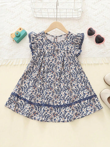 Girls Porcelain Pattern Floral Cap Sleeve Casual Lace Trim Patchwork Sundress, Summer
