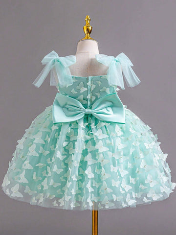 Girls Princess Bowknot Party Dress, Flower Girl Formal Gown, Casual Solid Color Sleeveless Dress