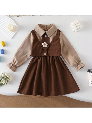 Girls Princess Corduroy Patchwork Dress, Collegiate Style, Autumn/Winter