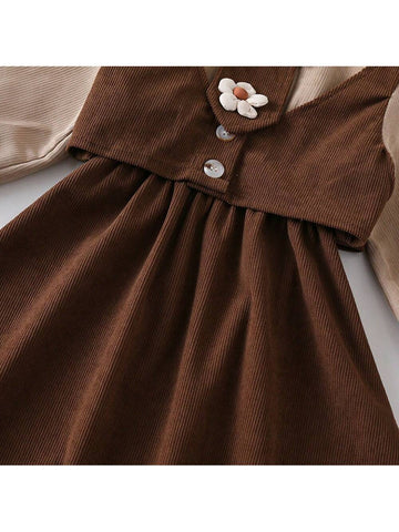 Girls Princess Corduroy Patchwork Dress, Collegiate Style, Autumn/Winter