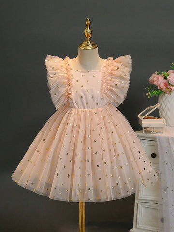 Girls' Princess Dress With Puffy Tulle Skirt, Sheer Sleeves, Perfect For Weddings, Parties, And Flower Girls