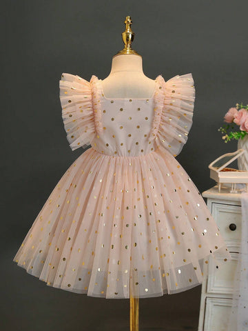 Girls' Princess Dress With Puffy Tulle Skirt, Sheer Sleeves, Perfect For Weddings, Parties, And Flower Girls