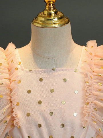 Girls' Princess Dress With Puffy Tulle Skirt, Sheer Sleeves, Perfect For Weddings, Parties, And Flower Girls