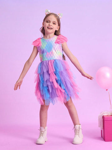 Girls Princess Dresses Flying Sleeve Young Girl Dress Irregular Tulle Chidlren Birthday Party Costumes Elegant Girls Performance Clothes